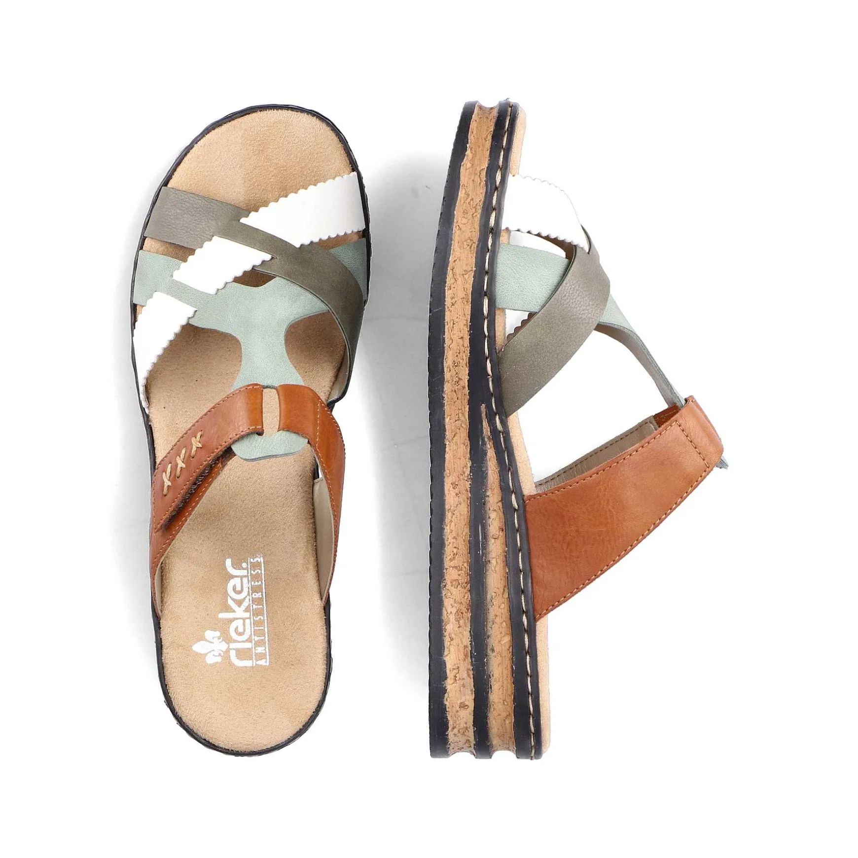 Rieker Women'S Mules Chocolate Brown-Mint Green-White