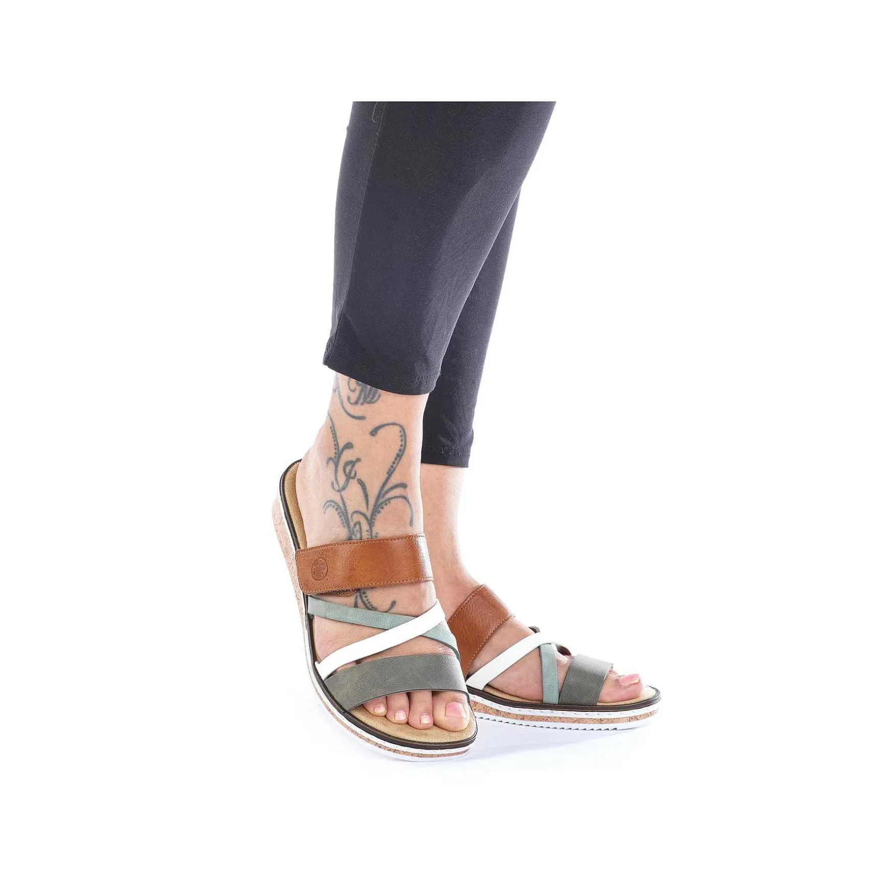 Rieker Women'S Mules Olive Green-Brown-White