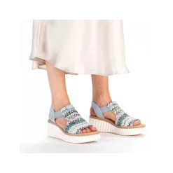 Rieker Women'S Wedge Sandals Sky Blue-Multicolored