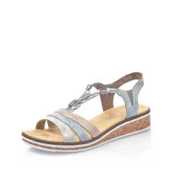 Rieker Women'S Wedge Sandals Sky Blue-Light Beige